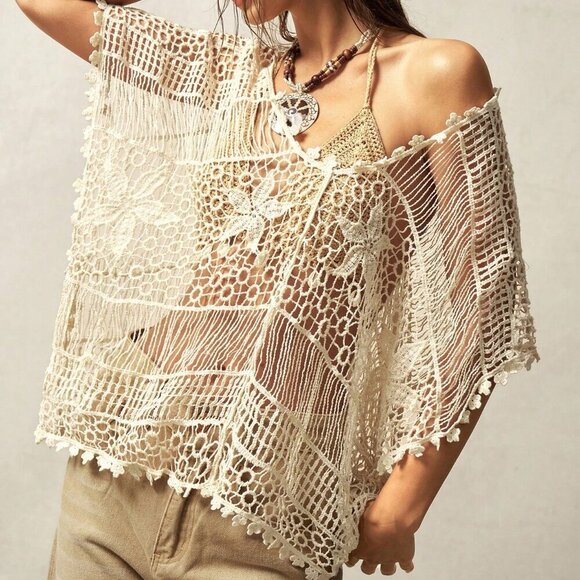 Beige Boho Women's Hollowed Out Knit Blouse top vacay beachy - Picture 1 of 7